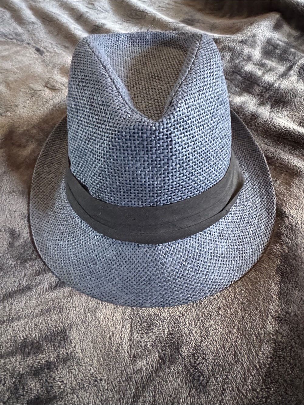 Woven Straw Fedora with Black Band - Dusty Blue